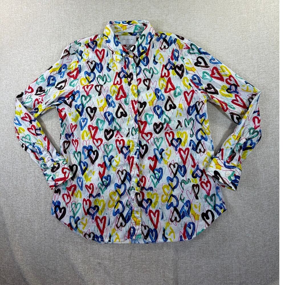 The Shirt by Rochelle Behrens Women's Medium White Blue Heart Boyfriend Shirt